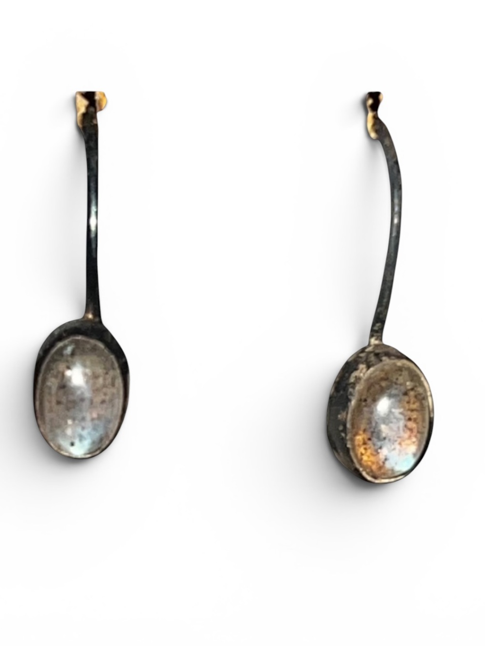 Labradorite Moonstone Sterling Silver Tone Oval Cabochon Earrings -
